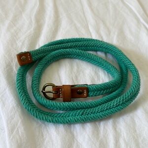 J. Crew Braided Woven Teal/Green Belt with Brown Leather and Gold Clasp